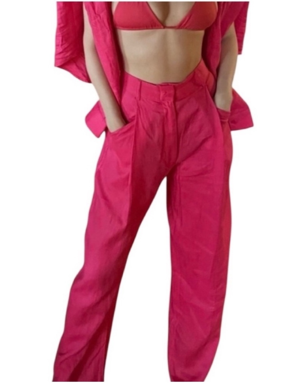 AEXAE 100% Linen High
Waisted
 Coastal Wide Leg Trouser Pants Pink Size Small